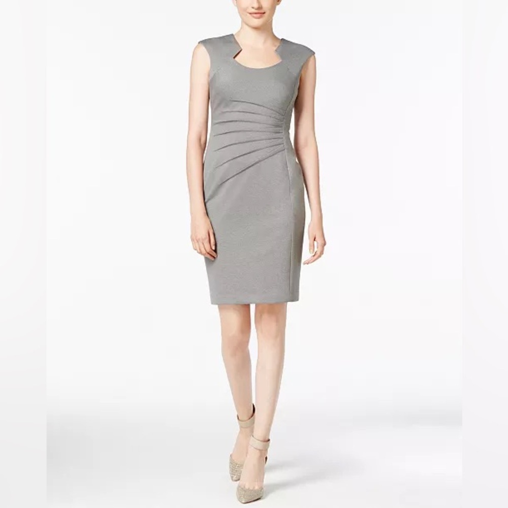 Calvin Klein Gray pleated Sheath Dress with Cap Sleeves and horseshoe Neck Sz 14